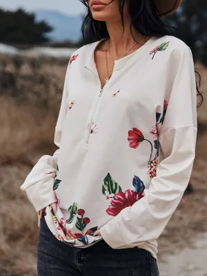 *APP EXCLUSIVE* Floral Print Drop Shoulder Front Zipper Pullover