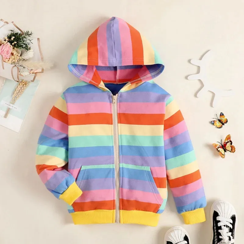 Autumn Baby Girl Outerwear Girls Rainbow Striped Casual Hoodie Zipper Sweatshirt Children Coat Cardigan