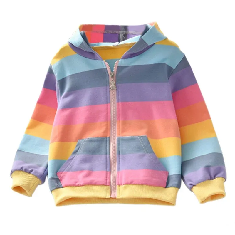 Autumn Baby Girl Outerwear Girls Rainbow Striped Casual Hoodie Zipper Sweatshirt Children Coat Cardigan