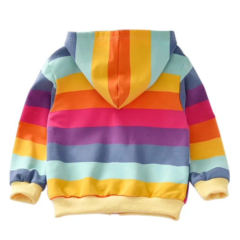 Autumn Baby Girl Outerwear Girls Rainbow Striped Casual Hoodie Zipper Sweatshirt Children Coat Cardigan