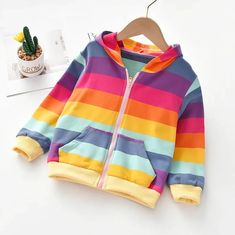 Autumn Baby Girl Outerwear Girls Rainbow Striped Casual Hoodie Zipper Sweatshirt Children Coat Cardigan