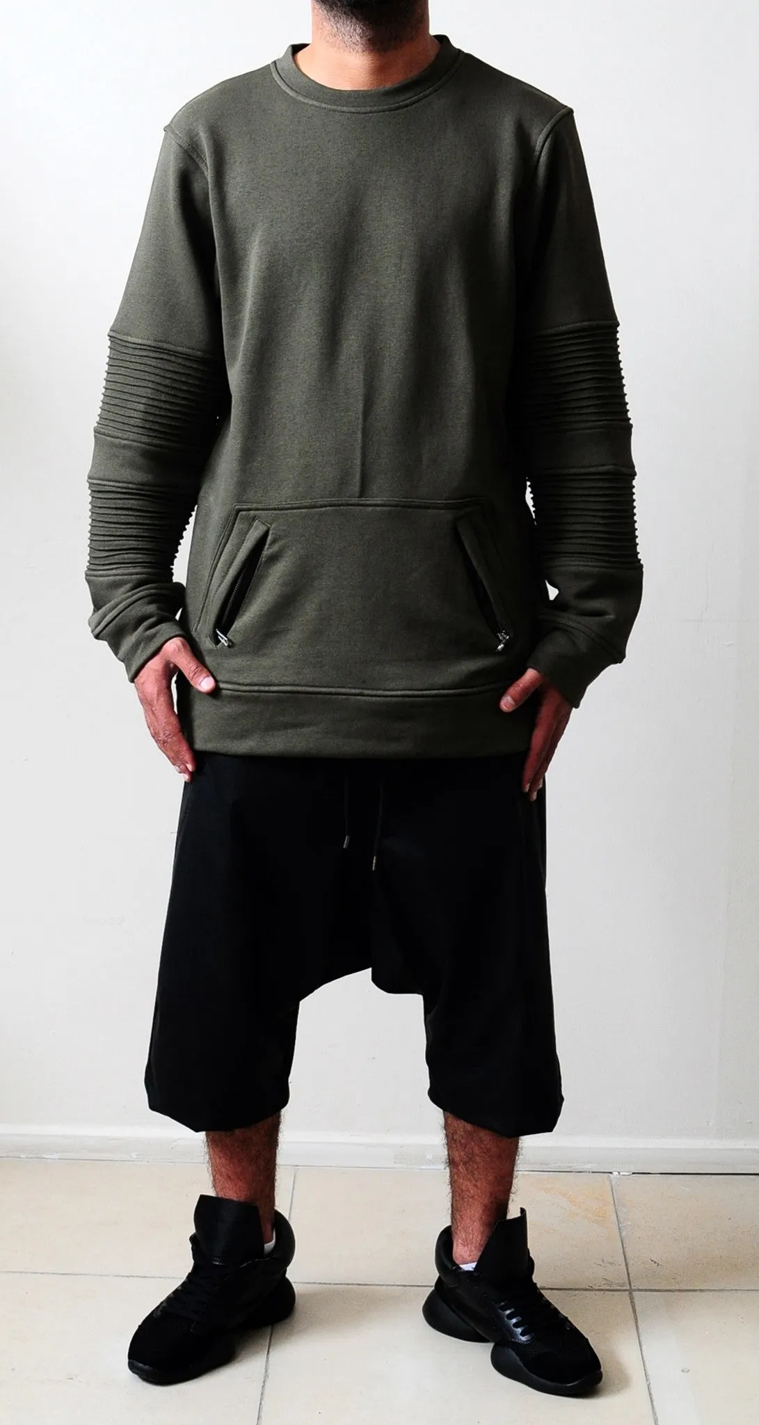 Men Crewneck Kangaroo Zipper Pocket Side Zipper Sweatshirt