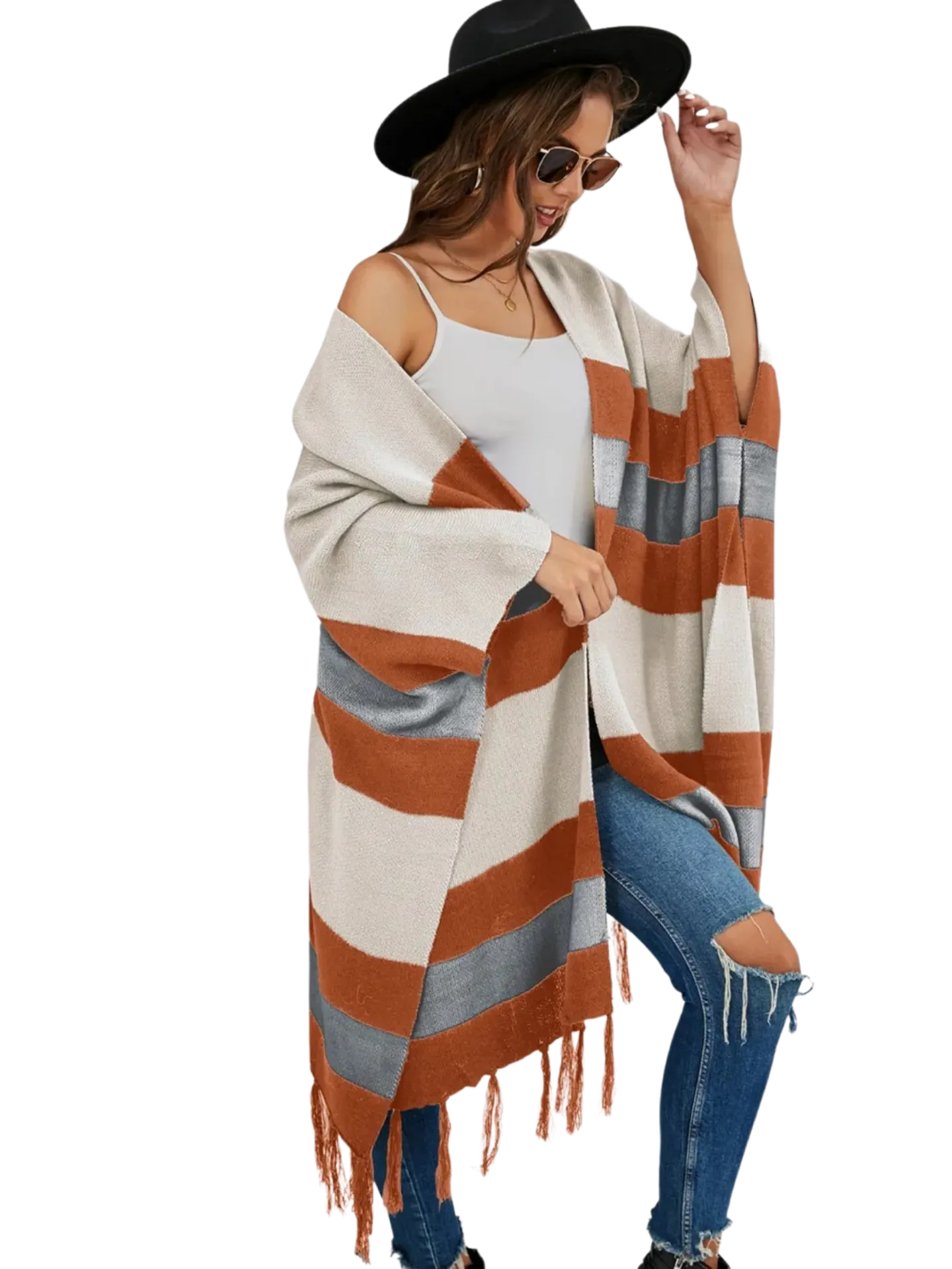 Striped Open Front Fringe Cardigan