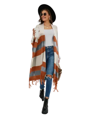 Striped Open Front Fringe Cardigan