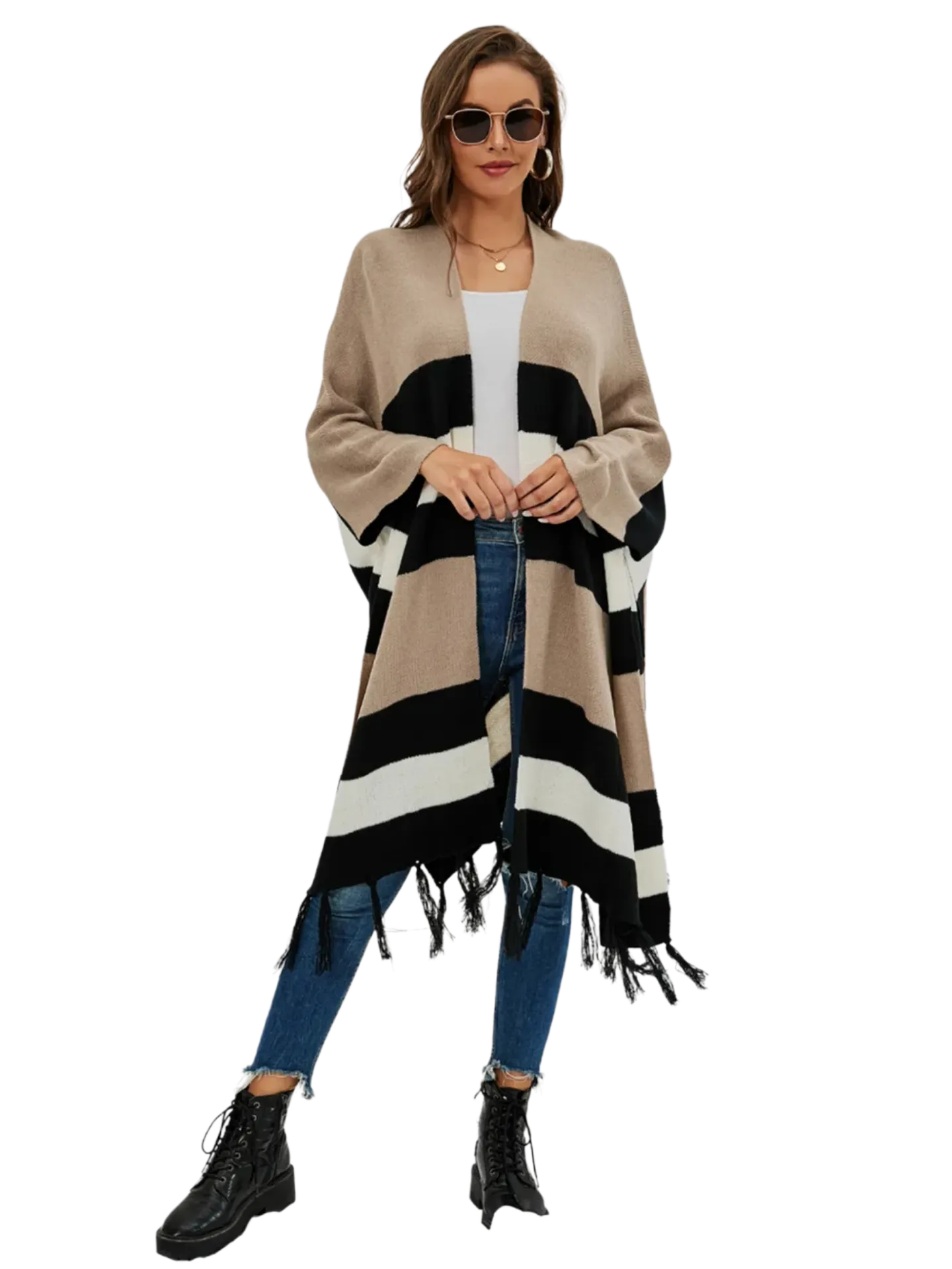 Striped Open Front Fringe Cardigan