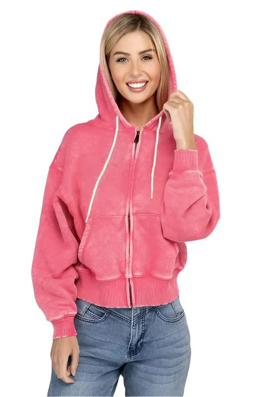 TEEK - Acid Wash Fleece Cropped Zip-Up Hoodie