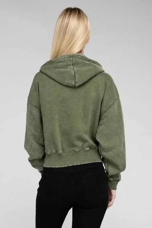 TEEK - Acid Wash Fleece Cropped Zip-Up Hoodie