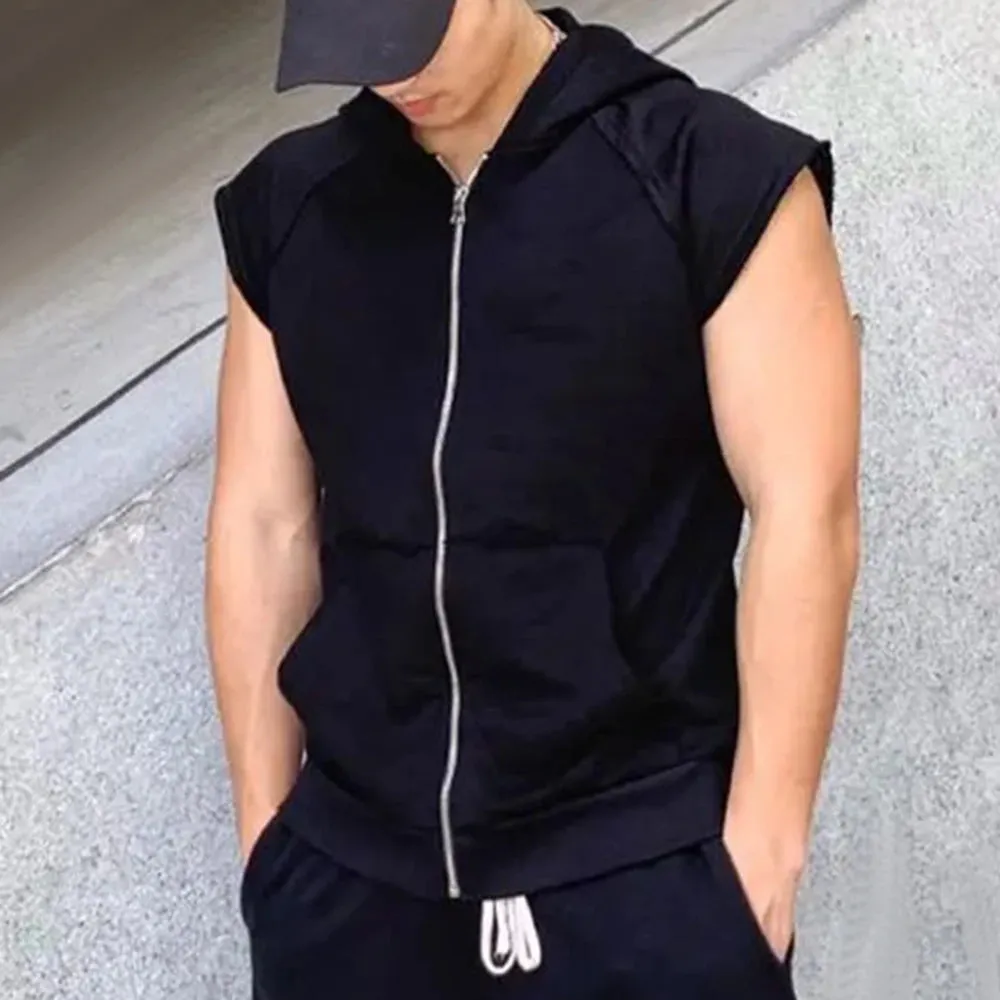 Wiaofellas  -  Large Size Mens Casual Sleeveless Sweatshirt Hoodie Summer Sports Zipper Cardigan Waistcoat Training Fitness Vest Jacket